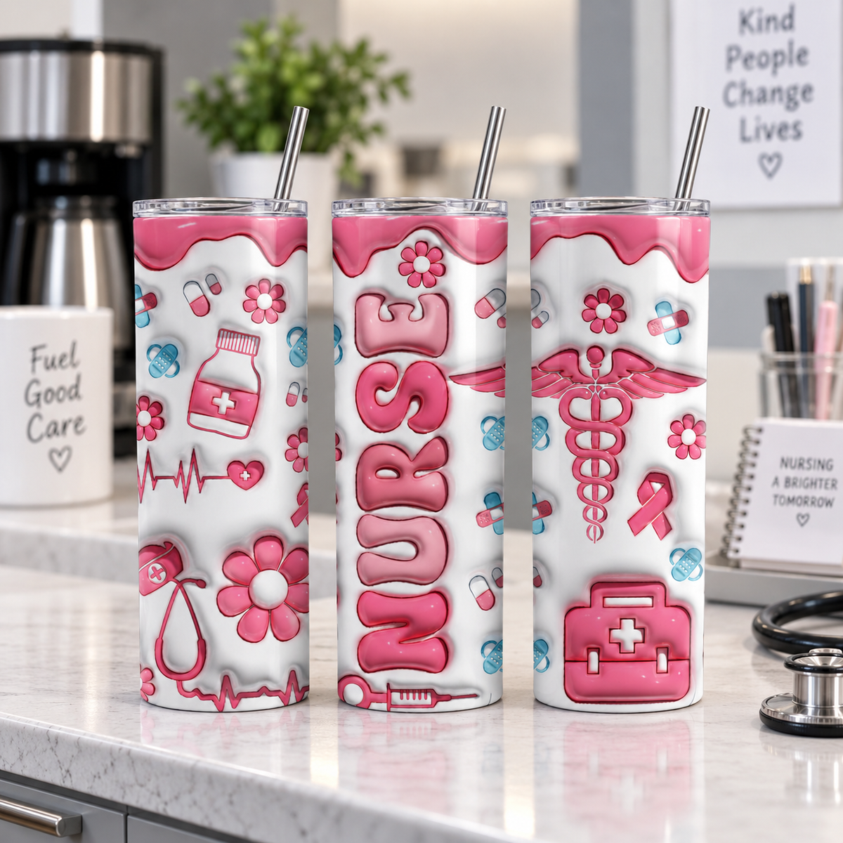 Nurse Life 20oz Skinny Tumbler – three-tumbler realistic lifestyle mockup