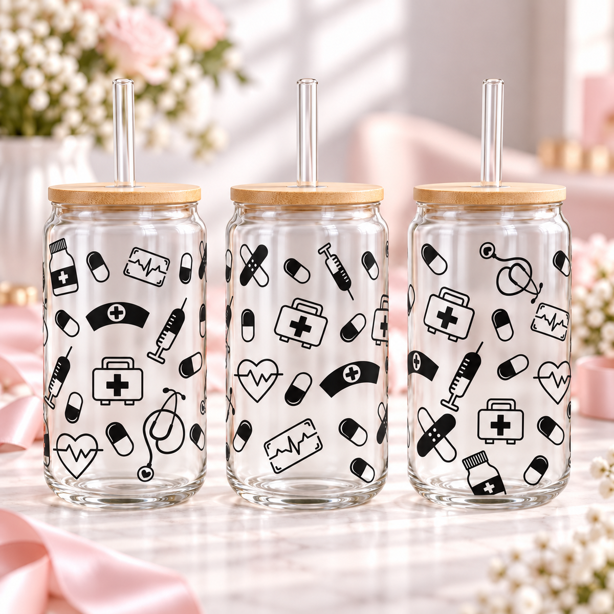 Nurse & Medical Essentials clear 16oz glass can — three views; listing includes one cup
