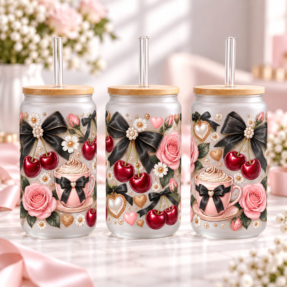 Black Bow Cherry Luxe frosted 16oz glass can — three views; listing includes one cup