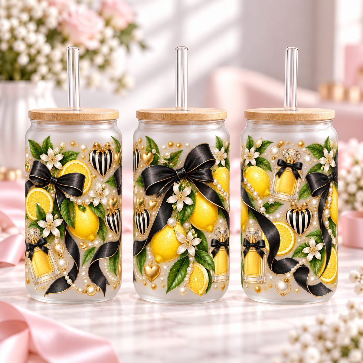 Black Bow Lemon Luxe frosted 16oz glass can — three views; listing includes one cup
