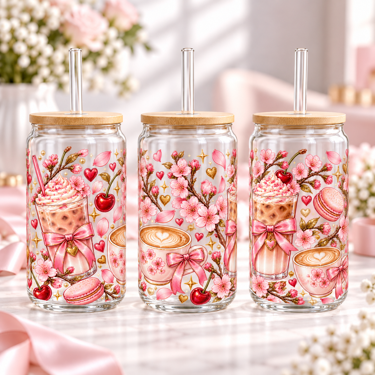 Cherry Blossom Latte clear 16oz glass can — three views; listing includes one cup