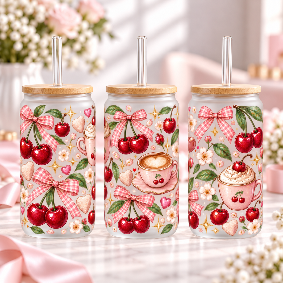 Cherry Bow Café frosted 16oz glass can — three views; listing includes one cup
