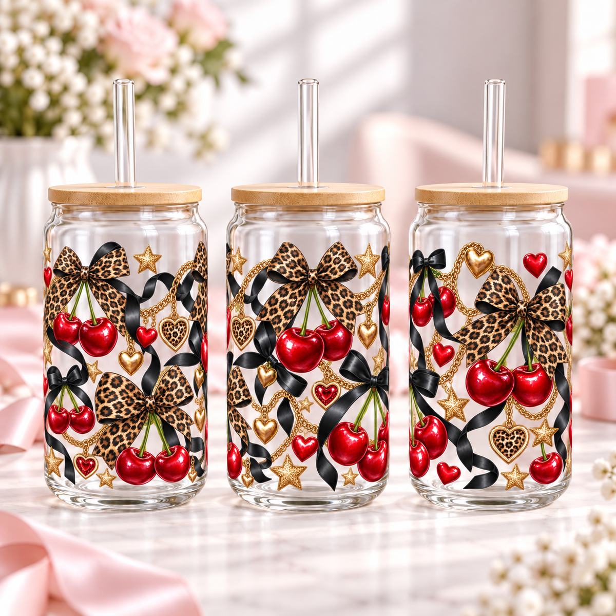 Cherry Leopard Glam clear 16oz glass can — three views; listing includes one cup