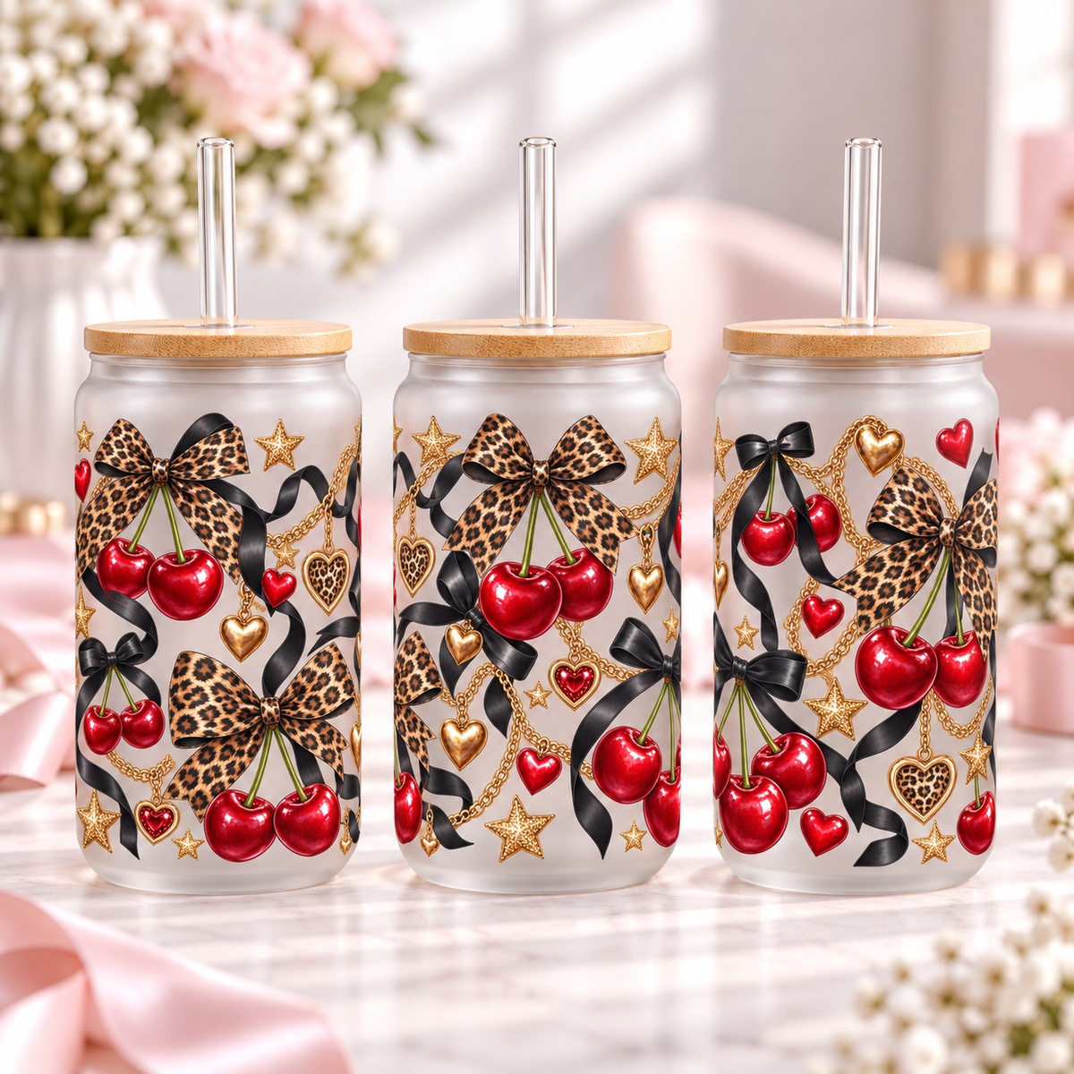Cherry Leopard Glam frosted 16oz glass can — three views; listing includes one cup