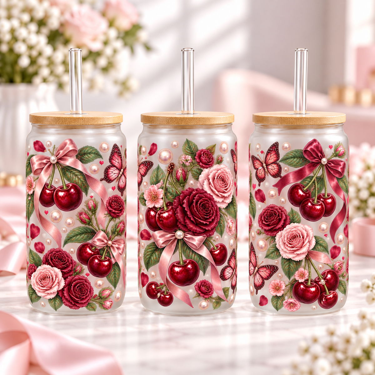 Cherry Rose Garden frosted 16oz glass can — three views; listing includes one cup