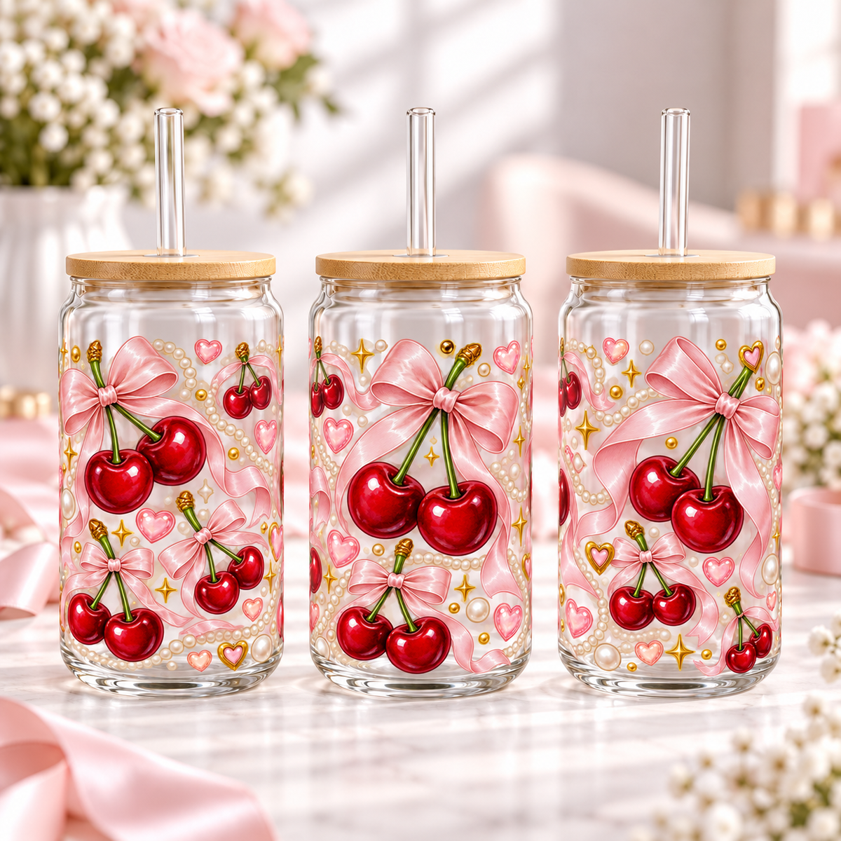 Classic Pink Cherry Coquette clear 16oz glass can — three views; listing includes one cup