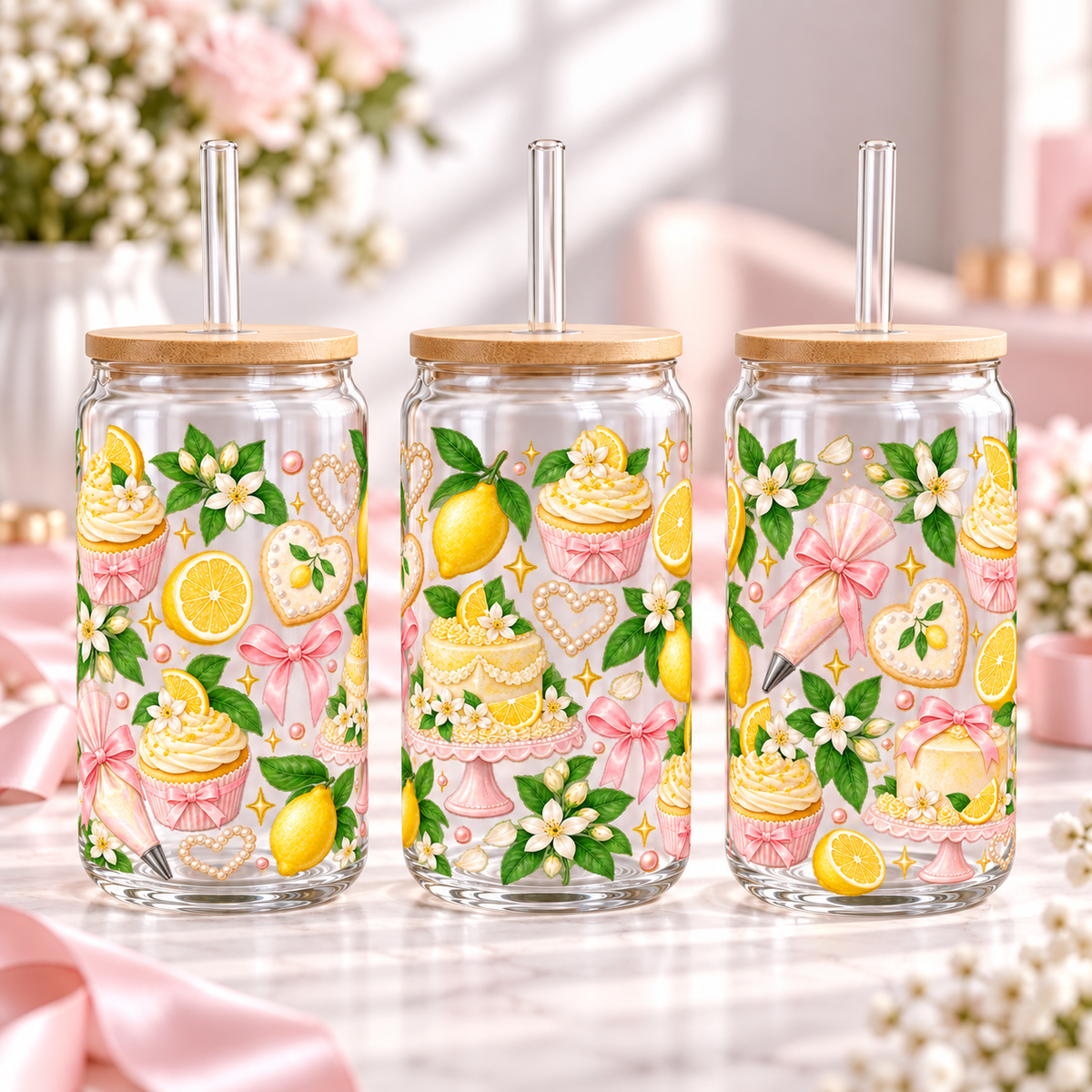 Lemon Blossom Bakery clear 16oz glass can — three views; listing includes one cup