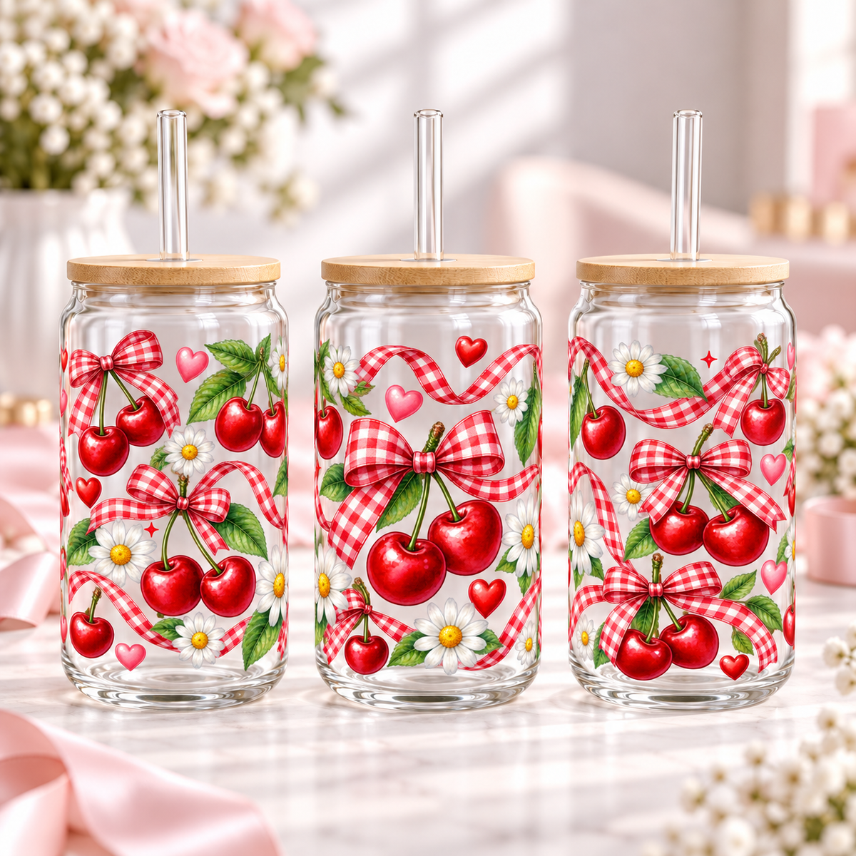 Red Gingham Cherry Picnic clear 16oz glass can — three views; listing includes one cup