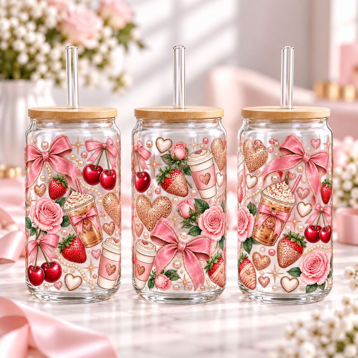 Rose Gold Glitter Coquette clear 16oz glass can — three views; listing includes one cup