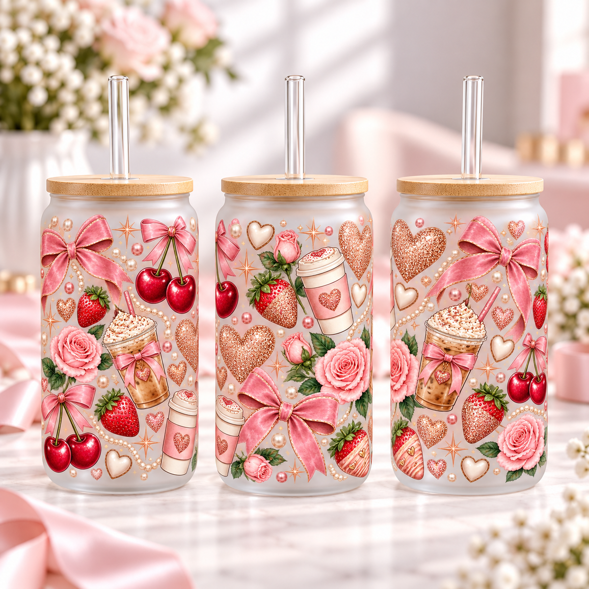 Rose Gold Glitter Coquette frosted 16oz glass can — three views; listing includes one cup