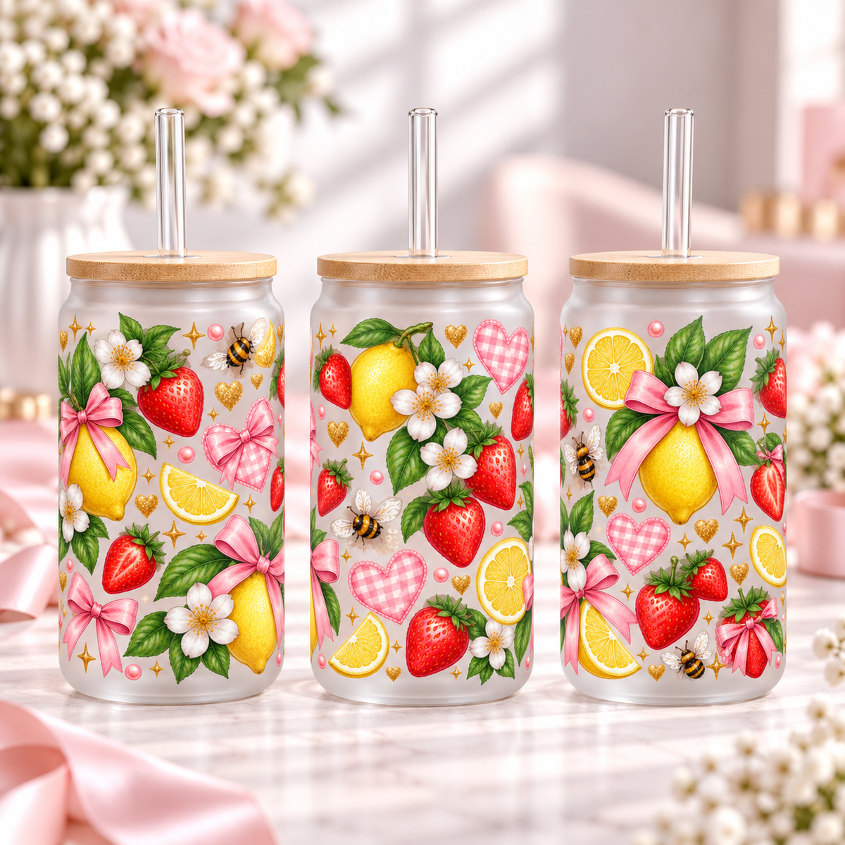 Strawberry Lemon Blossom frosted 16oz glass can — three views; listing includes one cup