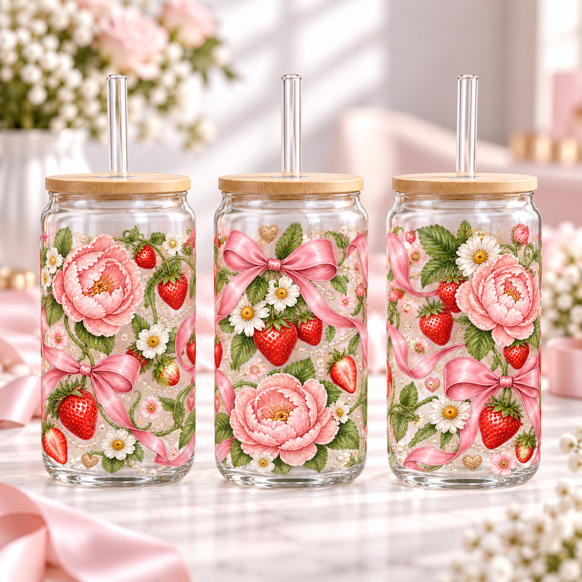Strawberry Ribbon Garden clear 16oz glass can — three views; listing includes one cup