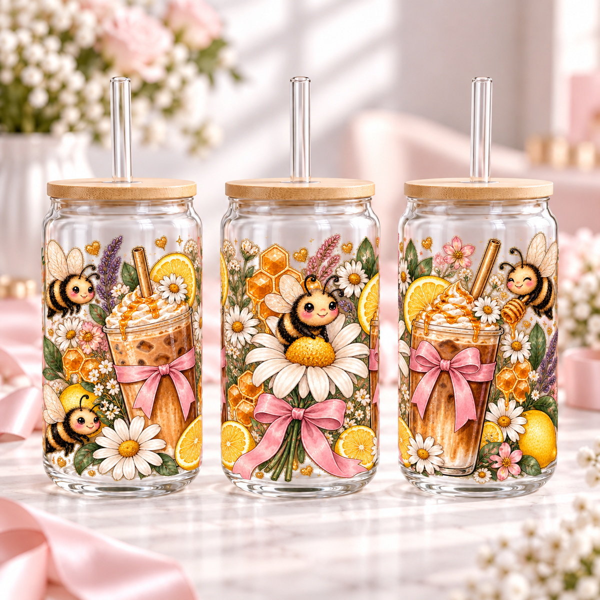 Boho Daisy Bee Café clear 16oz glass can — three views; listing includes one cup