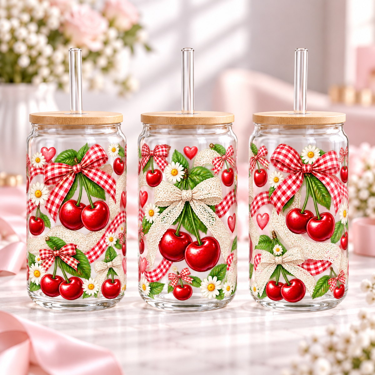 Cherry Lace Gingham clear 16oz glass can — three views; listing includes one cup