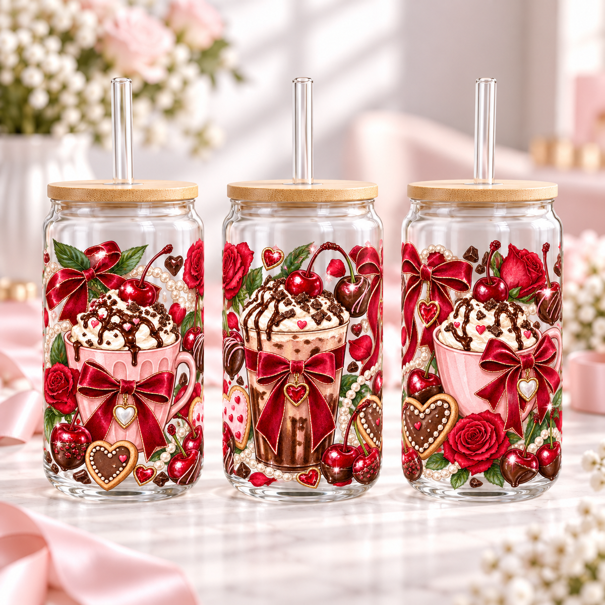 Cherry Mocha Romance clear 16oz glass can — three views; listing includes one cup