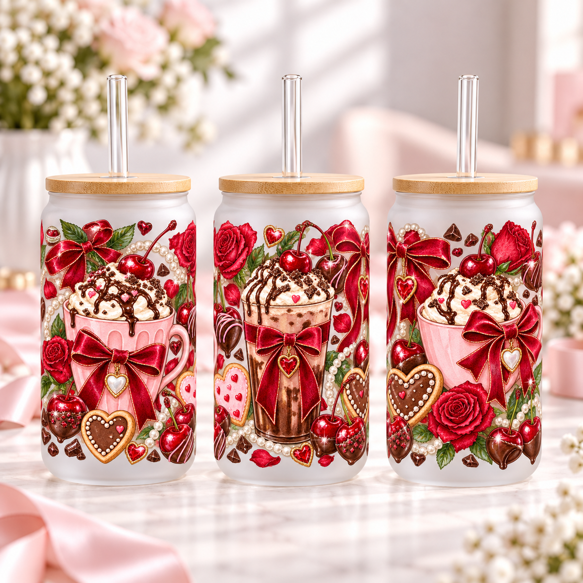 Cherry Mocha Romance frosted 16oz glass can — three views; listing includes one cup