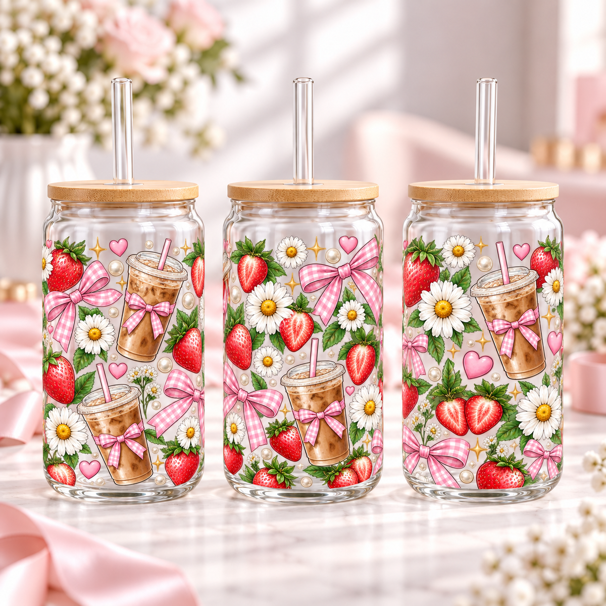Strawberry Daisy Bows clear 16oz glass can — three views; listing includes one cup