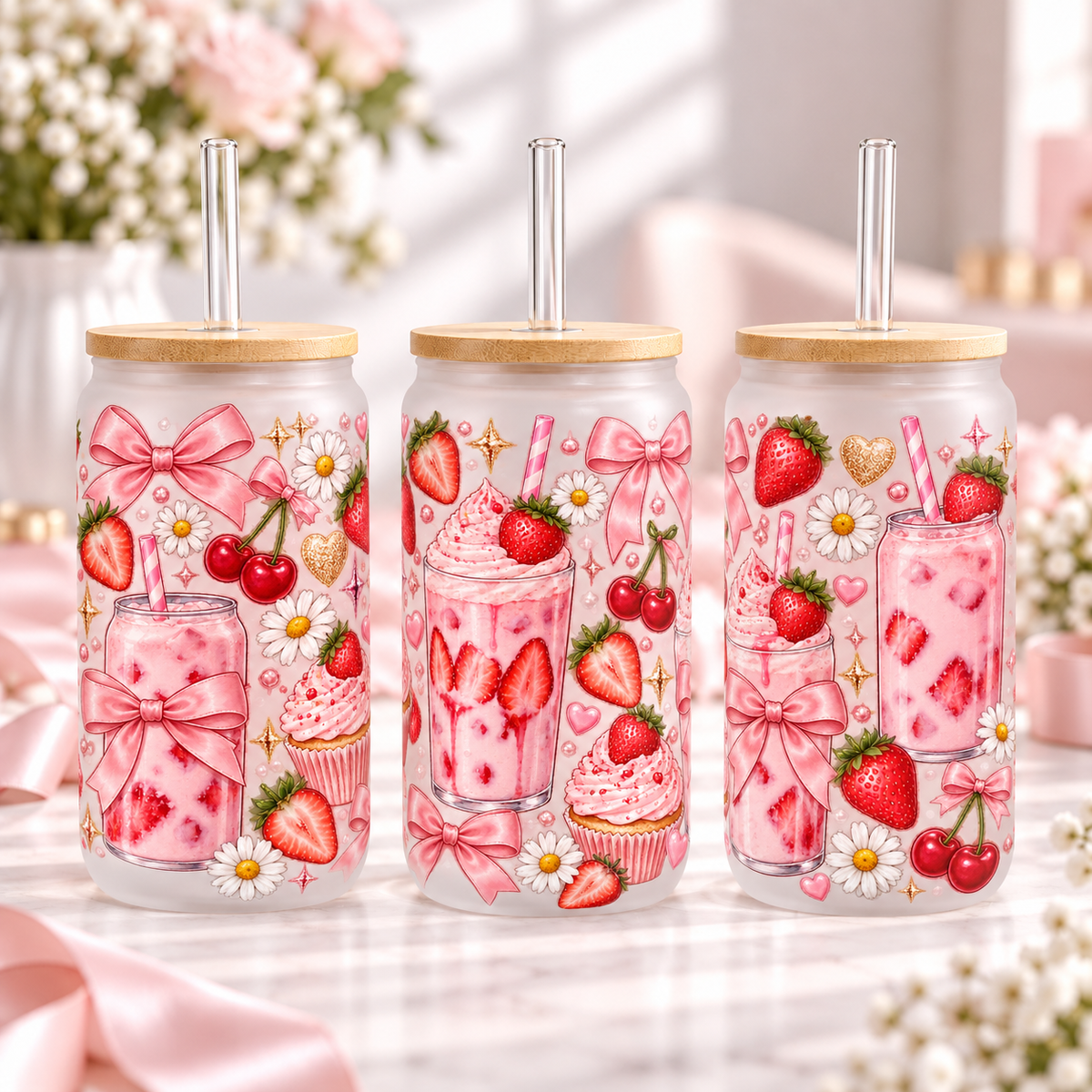 Strawberry Milk Sweets frosted 16oz glass can — three views; listing includes one cup