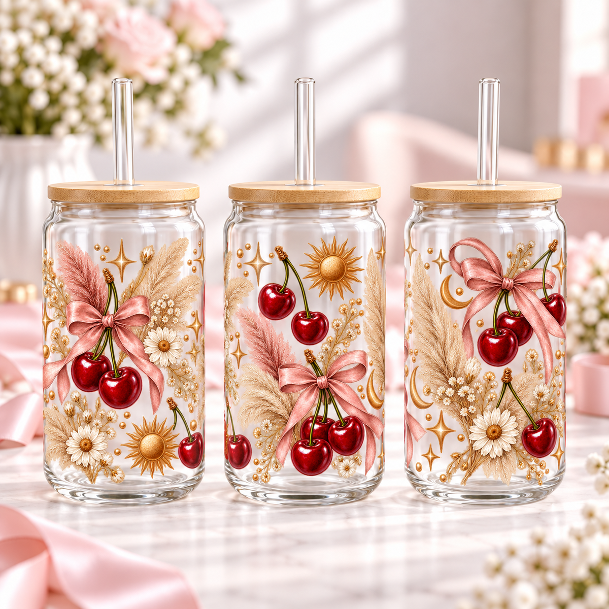 Boho Cherry Pampas clear 16oz glass can — three views; listing includes one cup