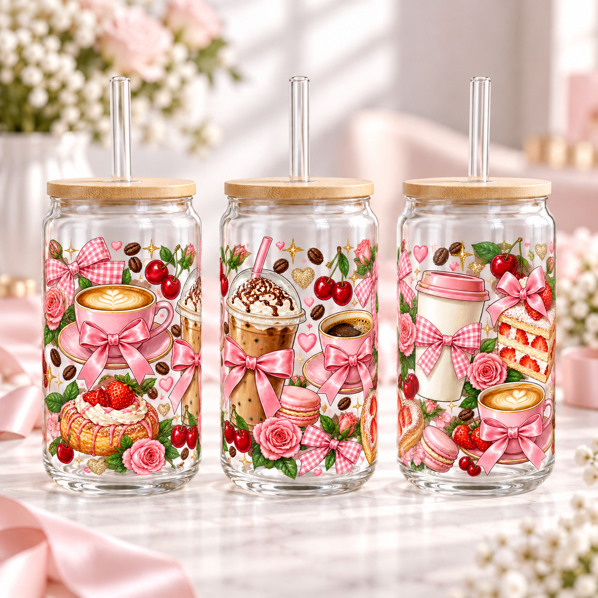 Bow-Filled Coffee Bar clear 16oz glass can — three views; listing includes one cup