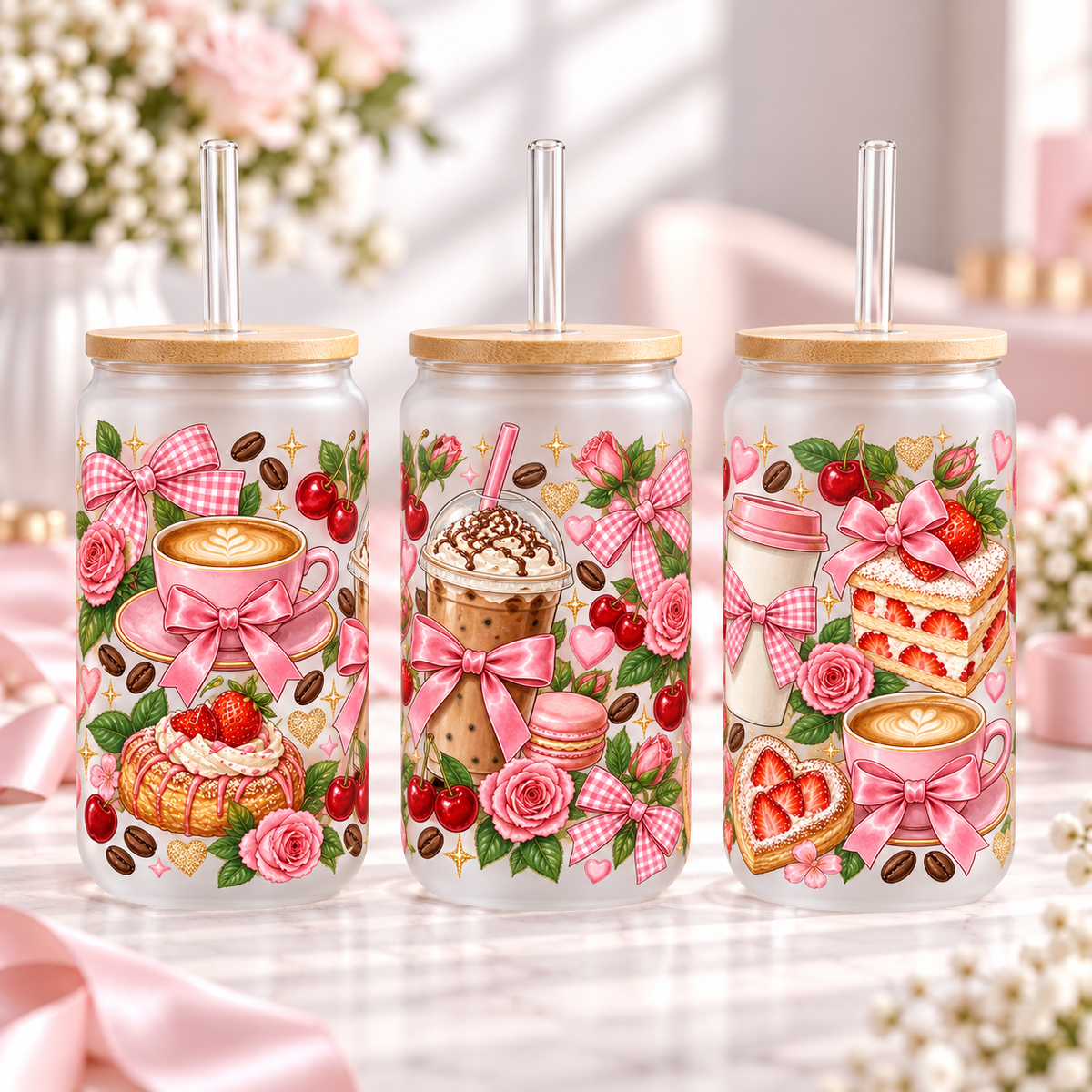 Bow-Filled Coffee Bar frosted 16oz glass can — three views; listing includes one cup