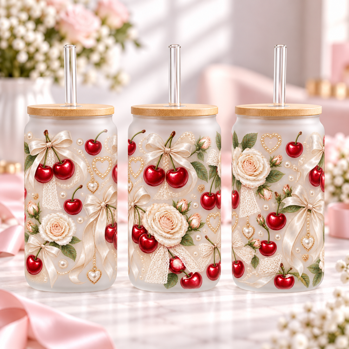 Bridal Ivory Cherry frosted 16oz glass can — three views; listing includes one cup