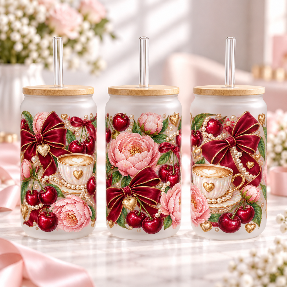Cherry Peony Luxe frosted 16oz glass can — three views; listing includes one cup