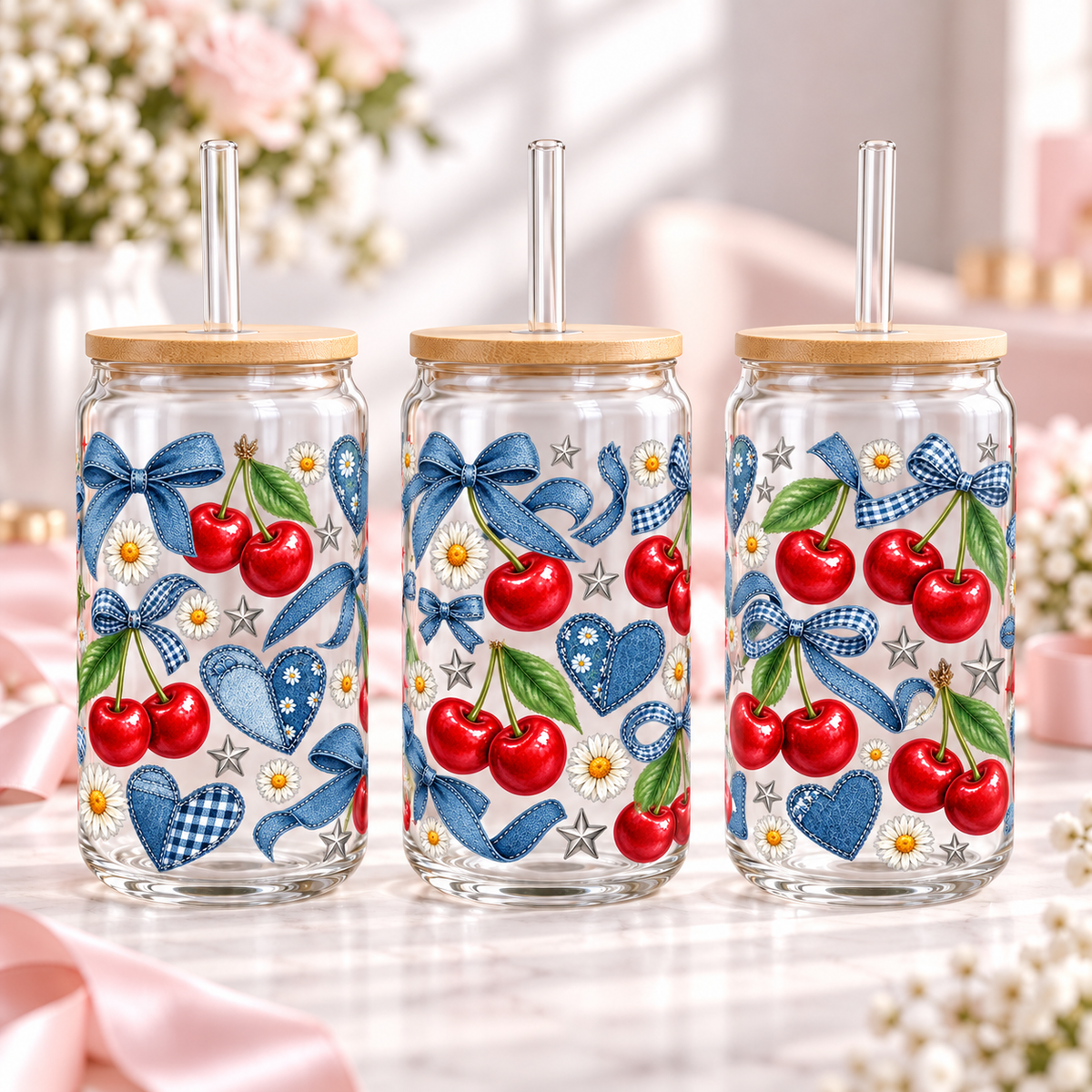 Denim Cherry Patchwork clear 16oz glass can — three views; listing includes one cup