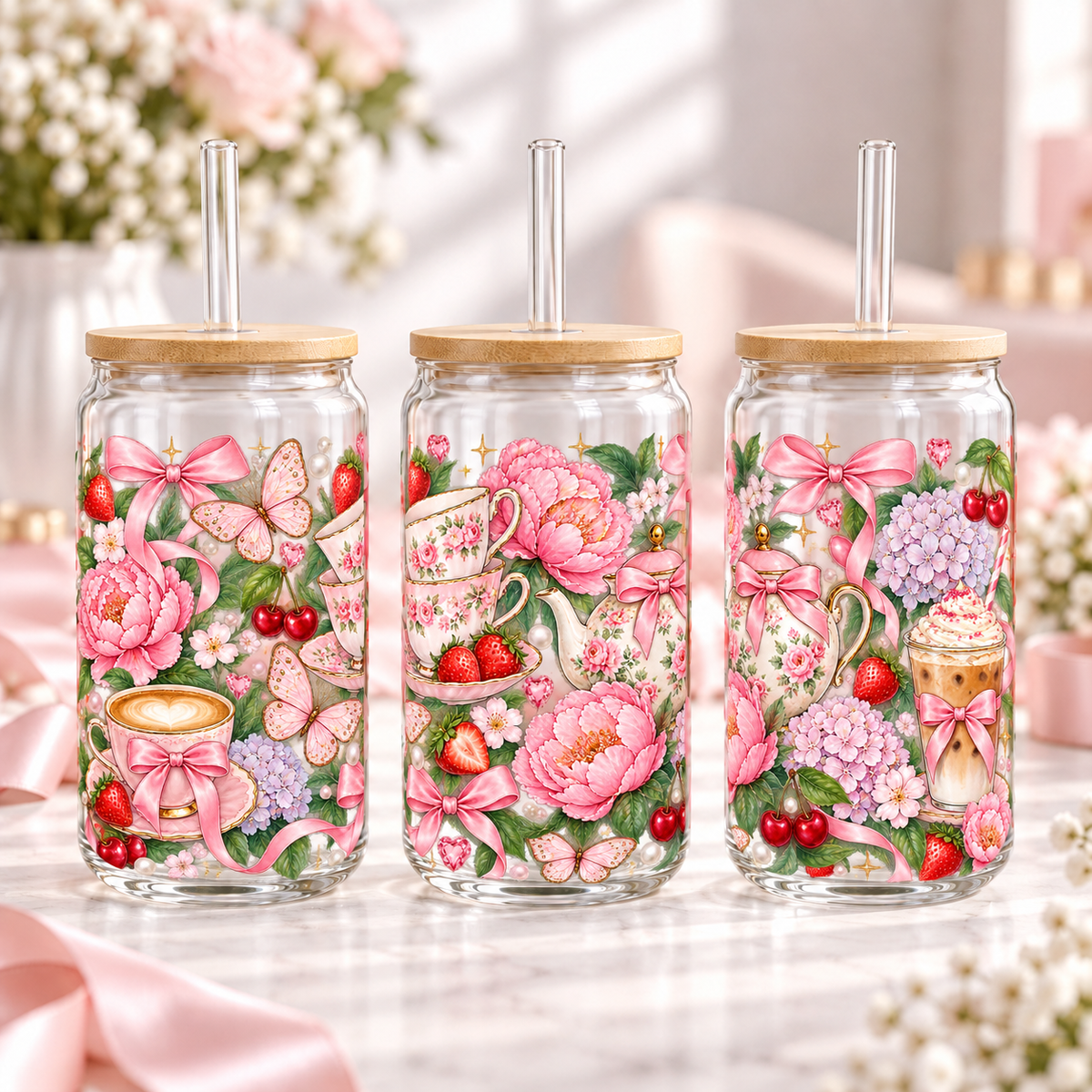 Garden Party Coquette clear 16oz glass can — three views; listing includes one cup