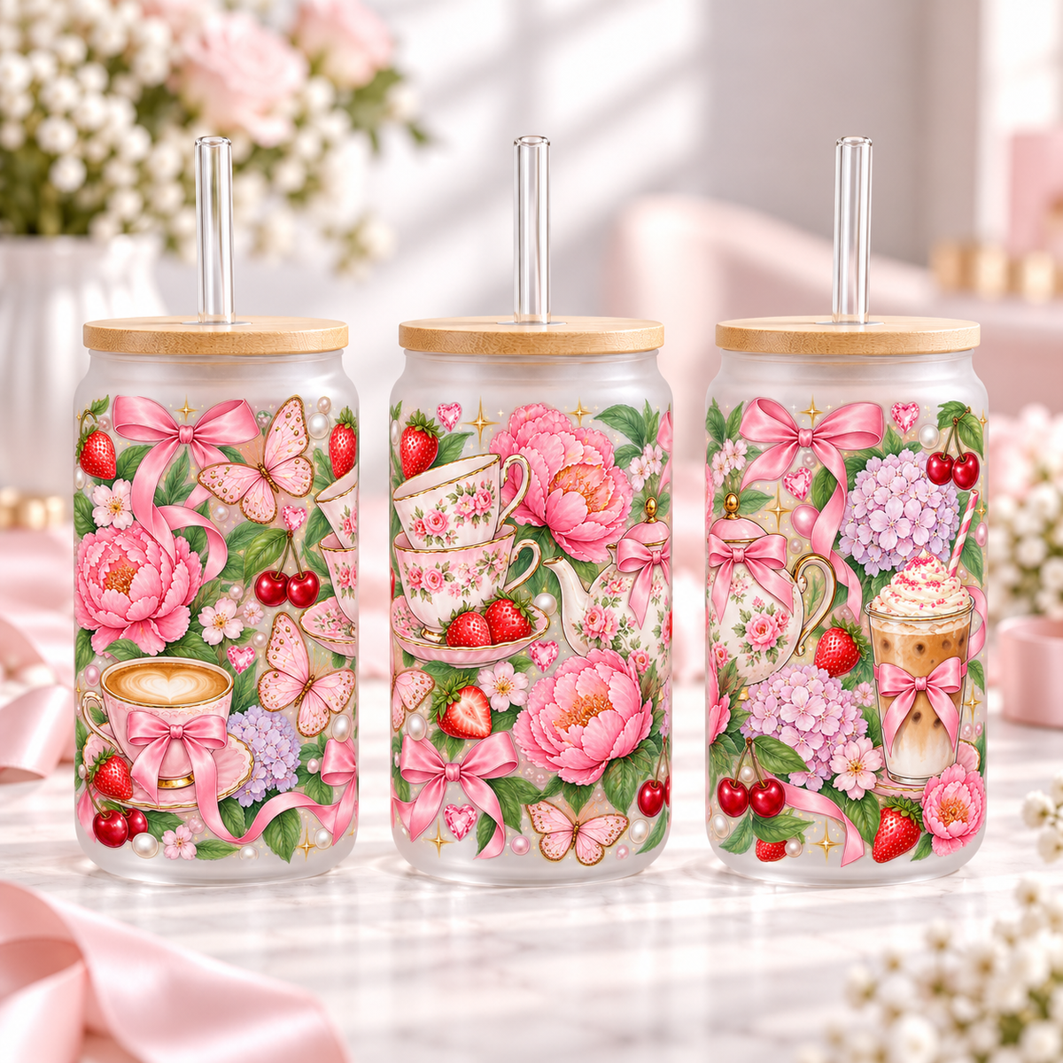 Garden Party Coquette frosted 16oz glass can — three views; listing includes one cup