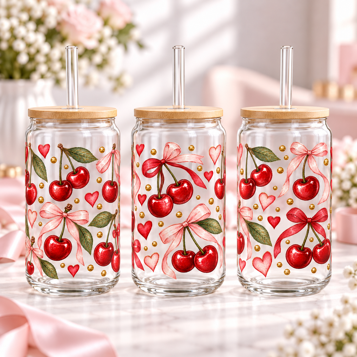 Minimal Cherry Bows clear 16oz glass can — three views; listing includes one cup