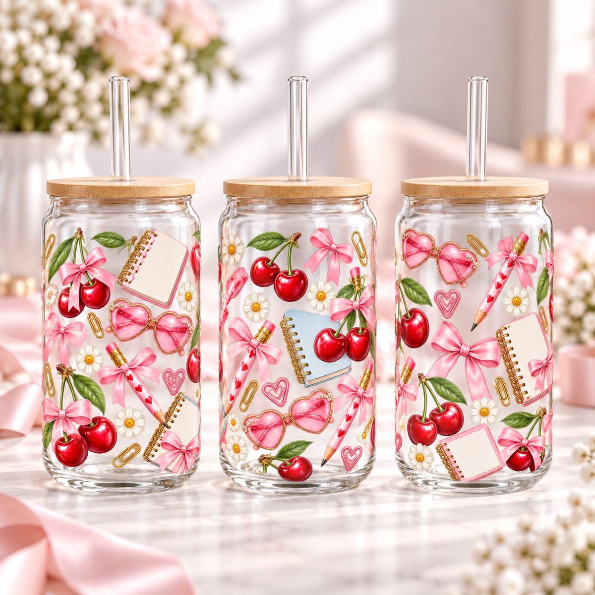 Preppy Cherry Stationery clear 16oz glass can — three views; listing includes one cup
