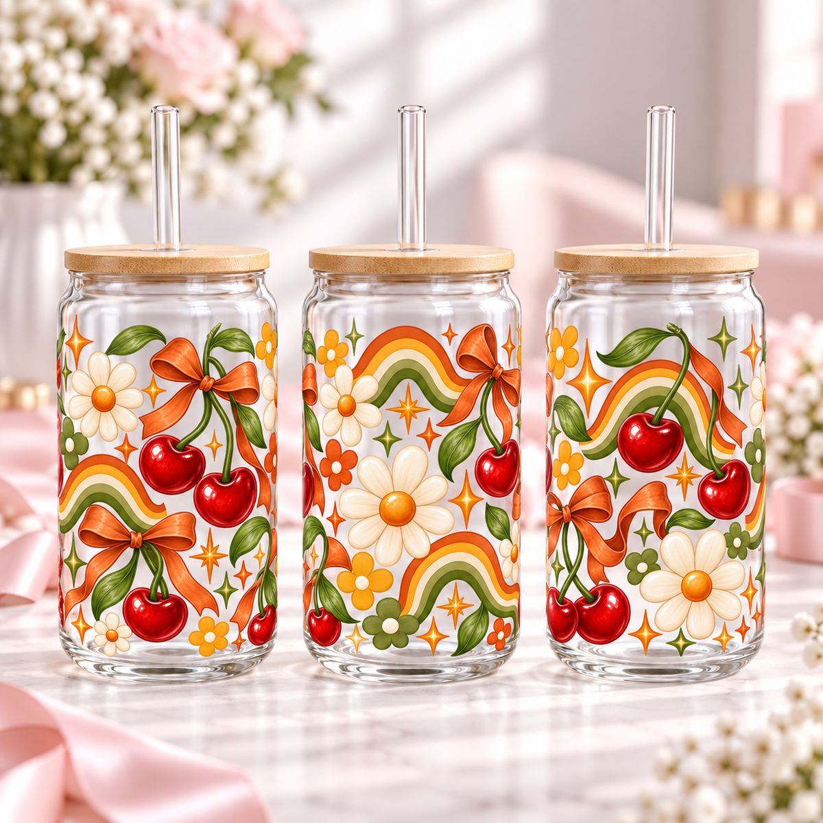 Retro Orange Cherry clear 16oz glass can — three views; listing includes one cup