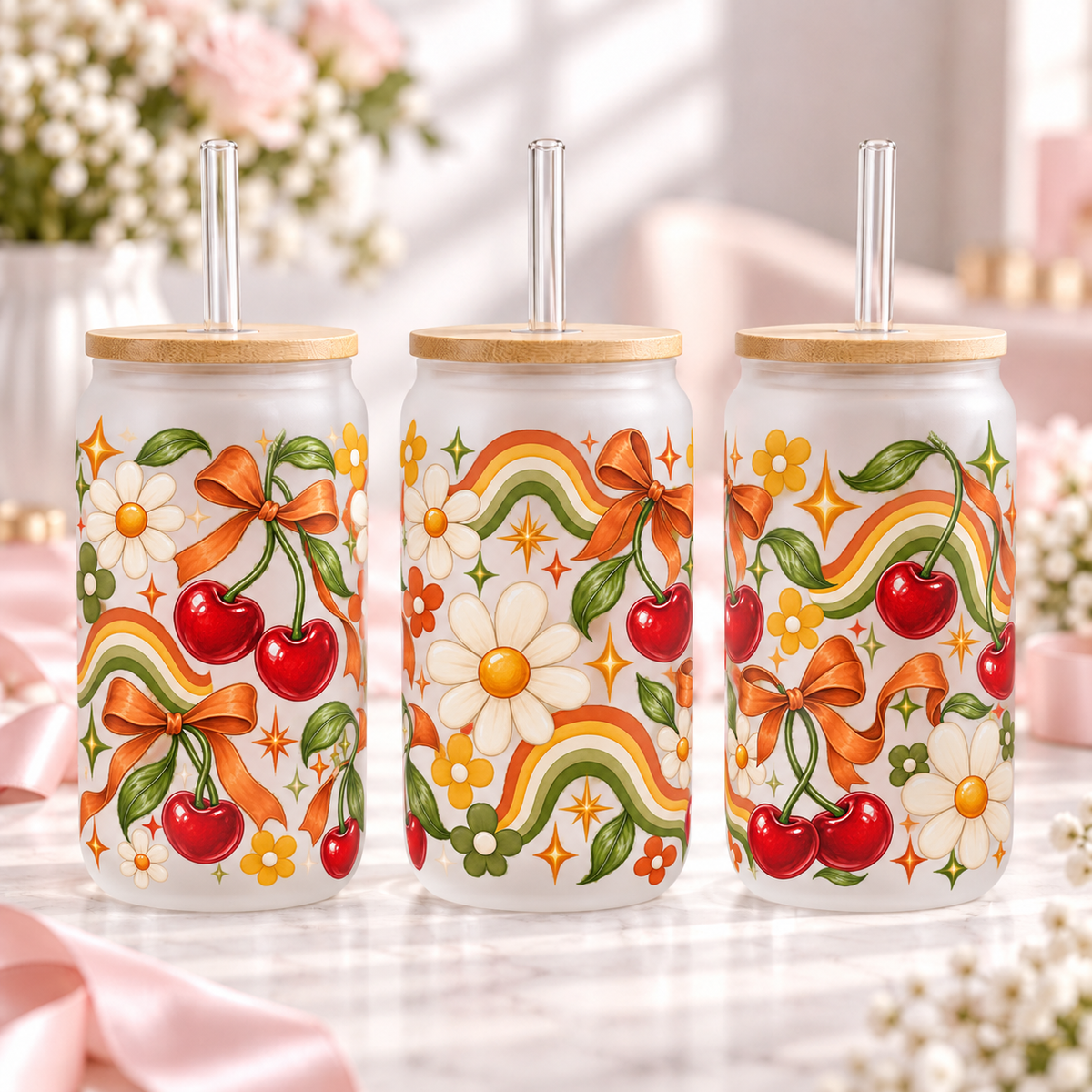 Retro Orange Cherry frosted 16oz glass can — three views; listing includes one cup