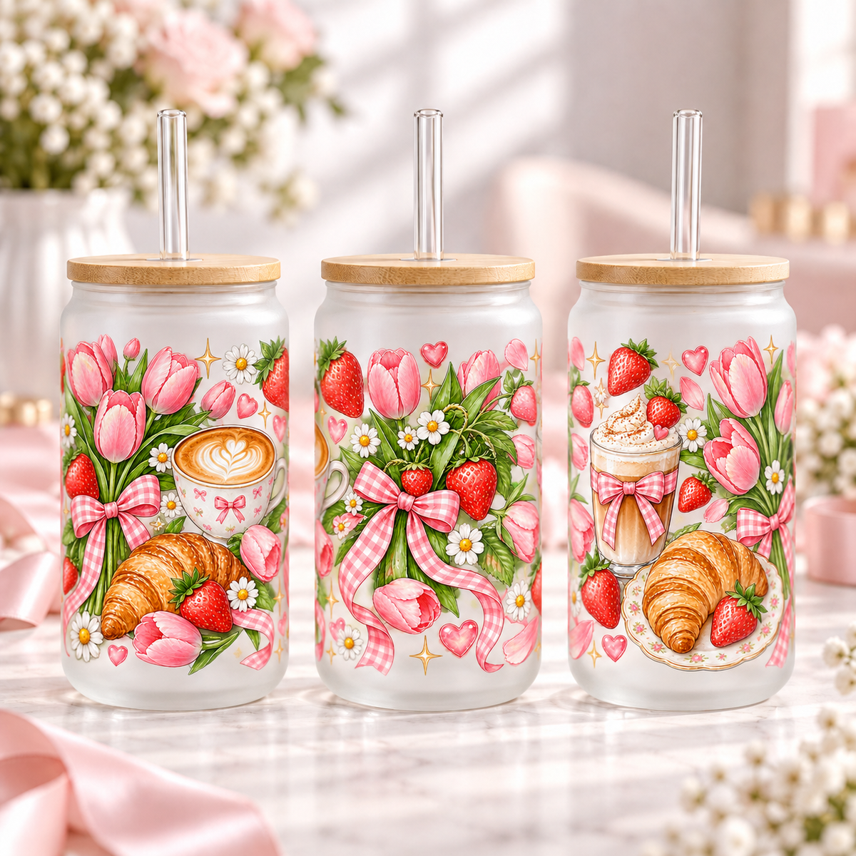 Strawberry Tulip Morning frosted 16oz glass can — three views; listing includes one cup