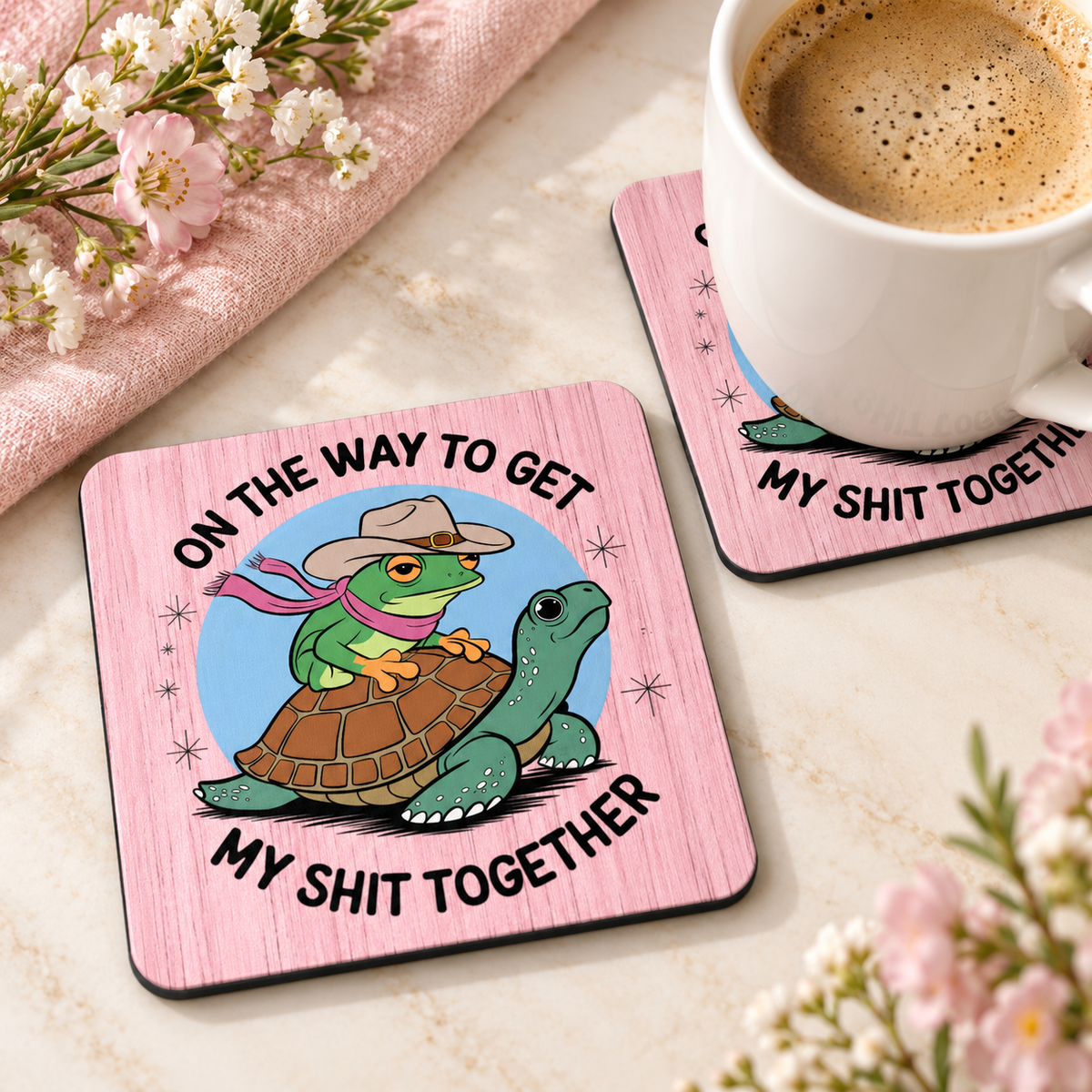 On the Way to Get My Shit Together square coaster set of two with thin black rubber backing