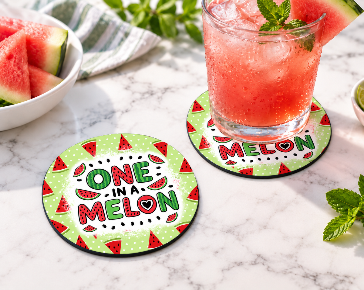 One in a Melon Watermelon Coaster – Cute Summer Drink Decor — Round set of 2