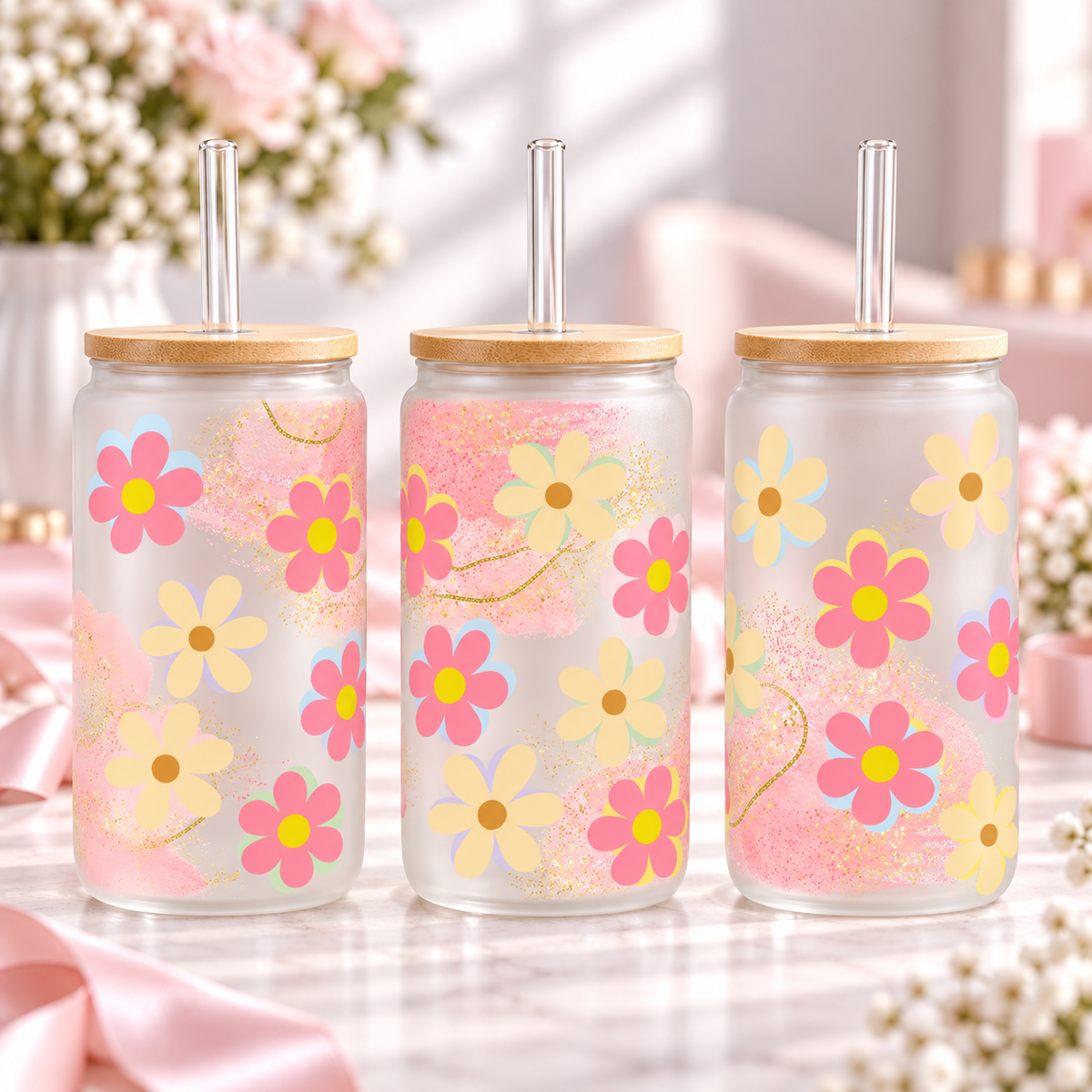 Pastel Daisies & Pink Swirls frosted 16oz glass can — three views; listing includes one cup