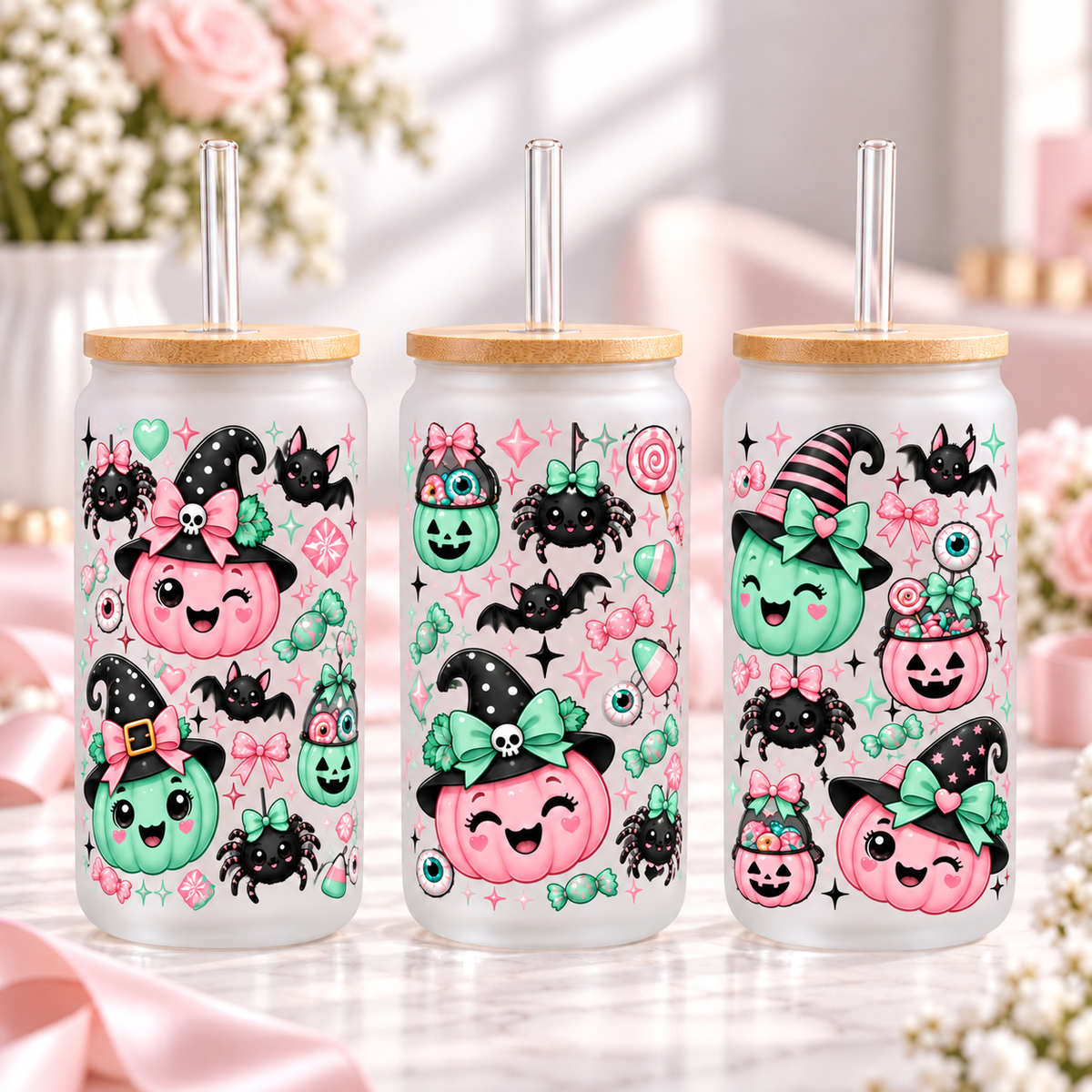 Pastel Pink & Mint Cute Witch Halloween Glass Can Tumbler — frosted; complementary views of one product