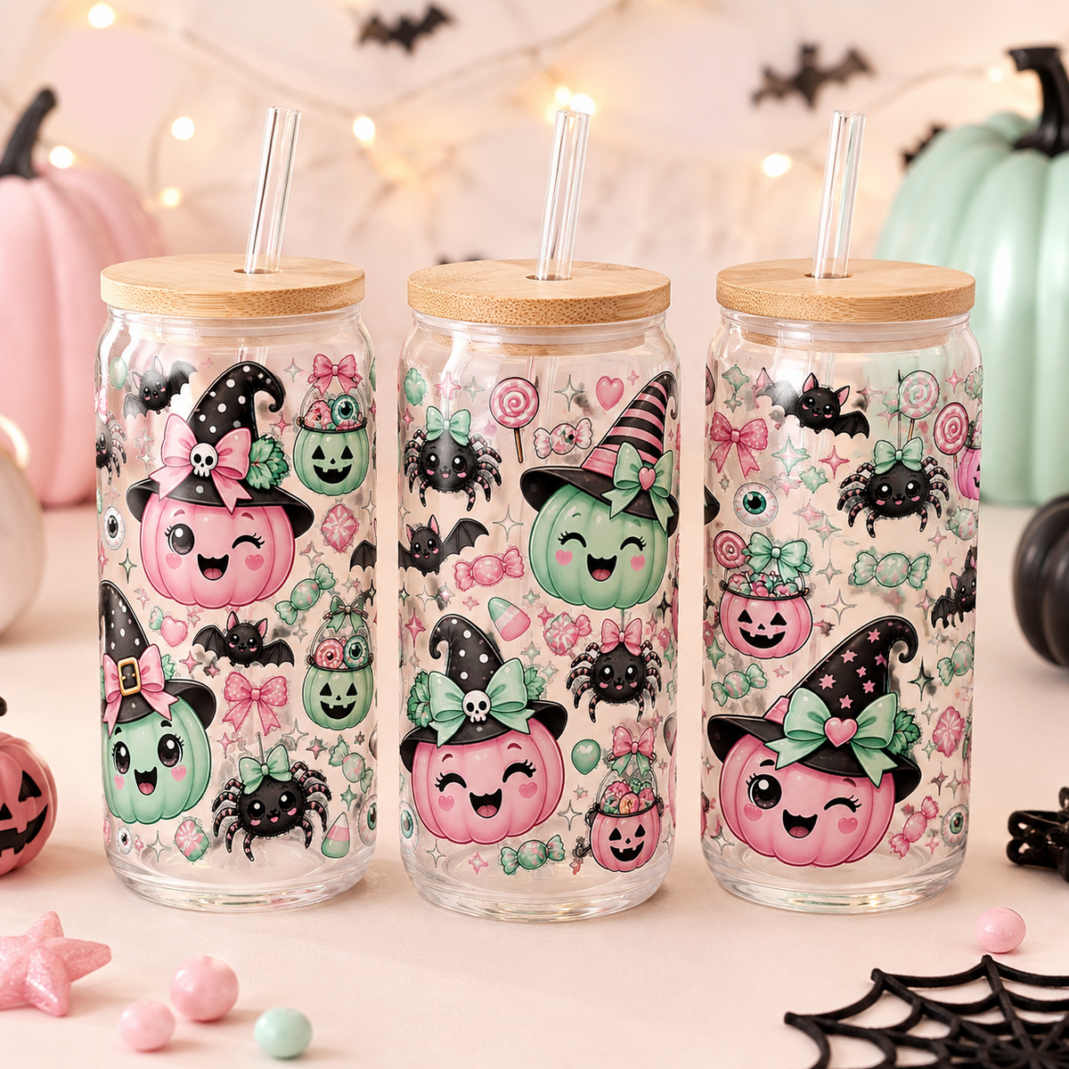 Pastel Pink & Mint Cute Witch Halloween Glass Can Tumbler – alternate lifestyle view