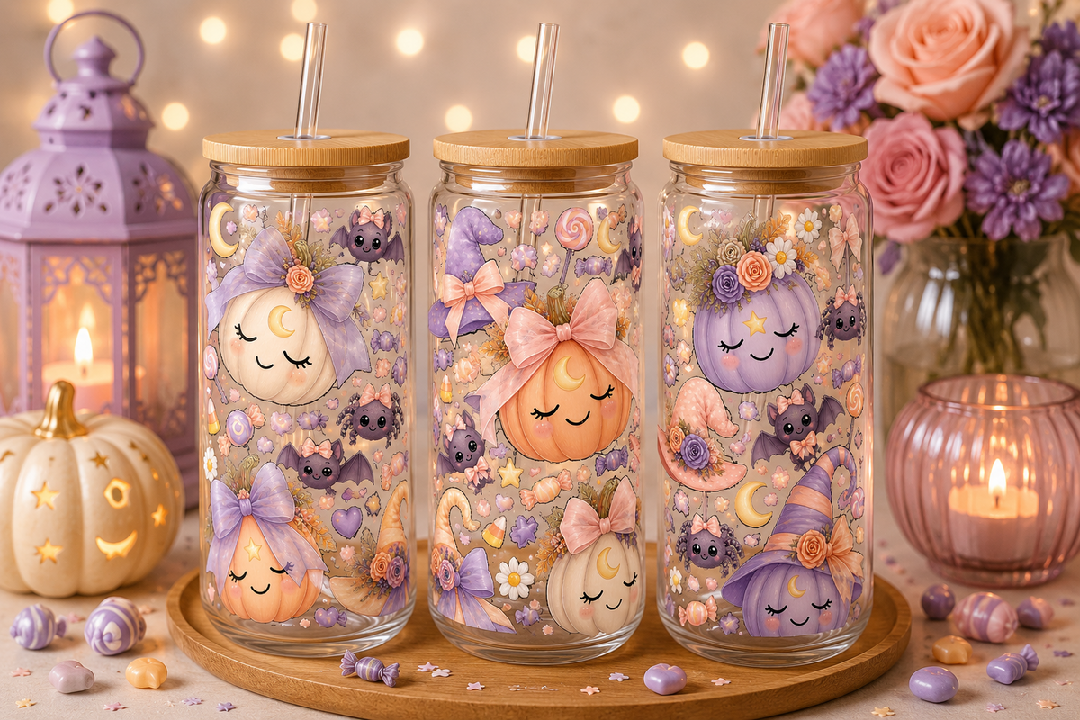 Pastel Purple Cute Pumpkin Halloween Glass Can Tumbler – alternate lifestyle view