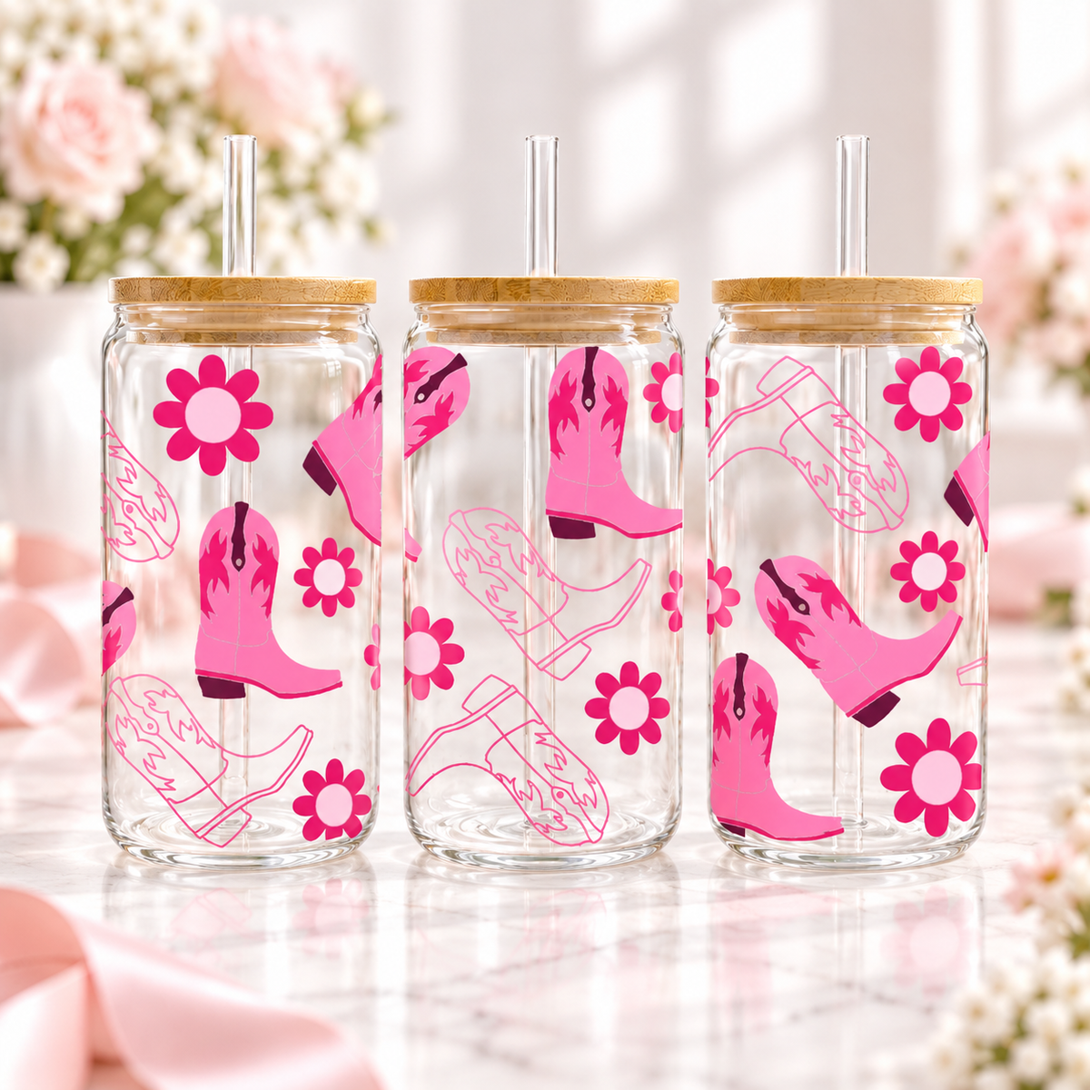 Pink Cowgirl Boots Glass Can with Bamboo Lid & Glass Straw — clear; complementary views of one product