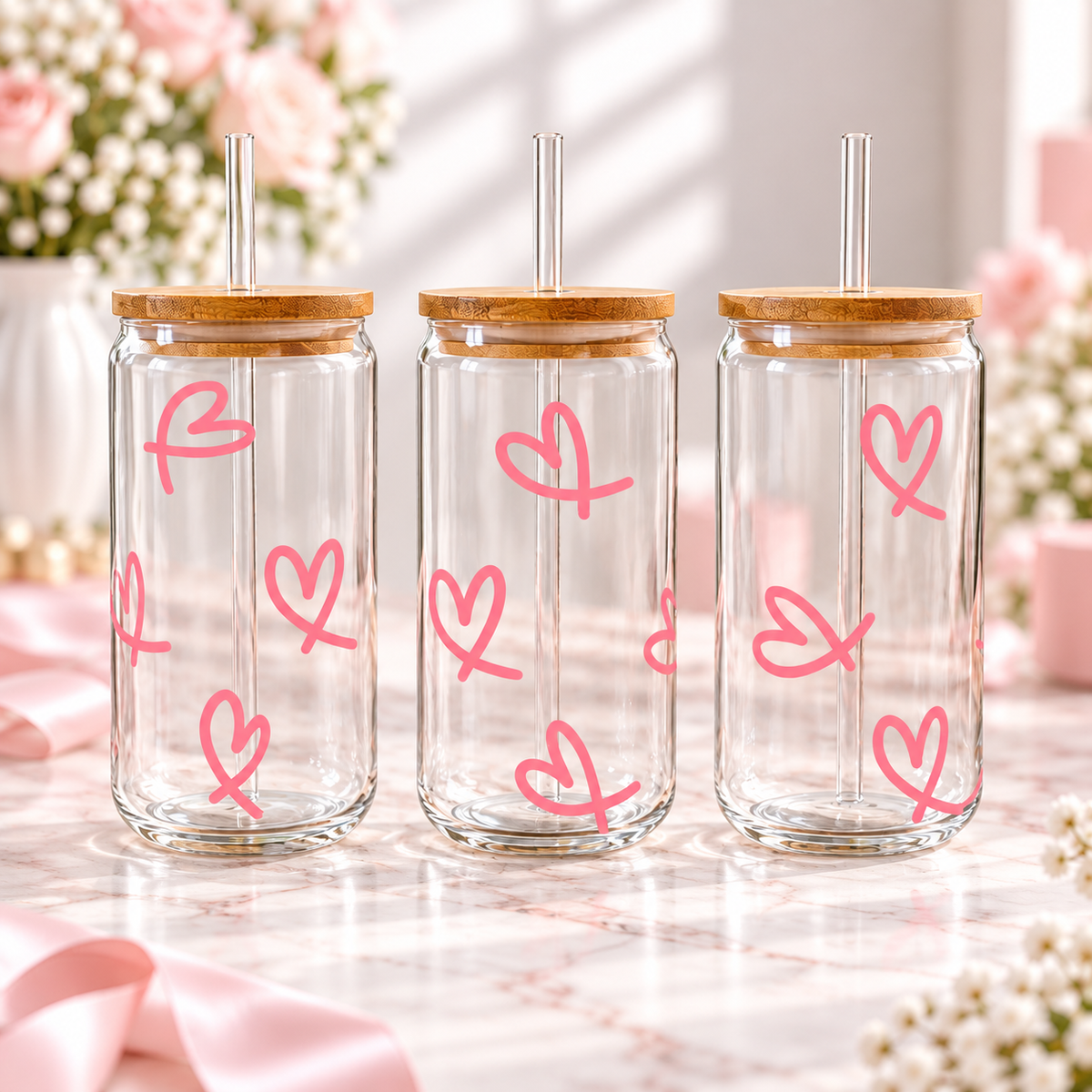 Pink Hearts Glass Can with Bamboo Lid & Glass Straw — clear; complementary views of one product