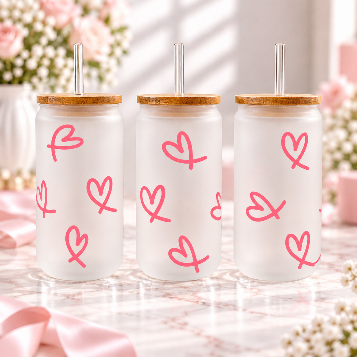 Pink Hearts Glass Can with Bamboo Lid & Glass Straw — frosted; complementary views of one product