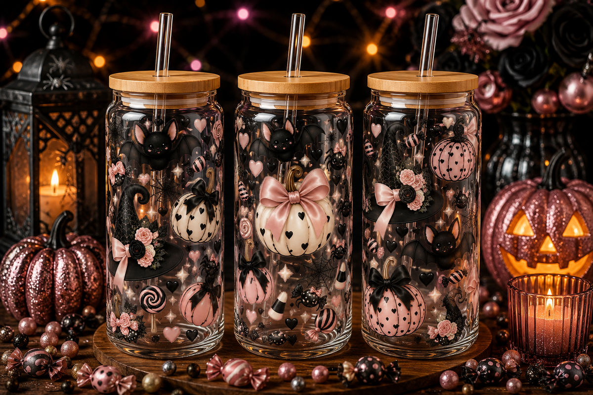 Pink Hearts & Bows Halloween Glass Can Tumbler – alternate lifestyle view