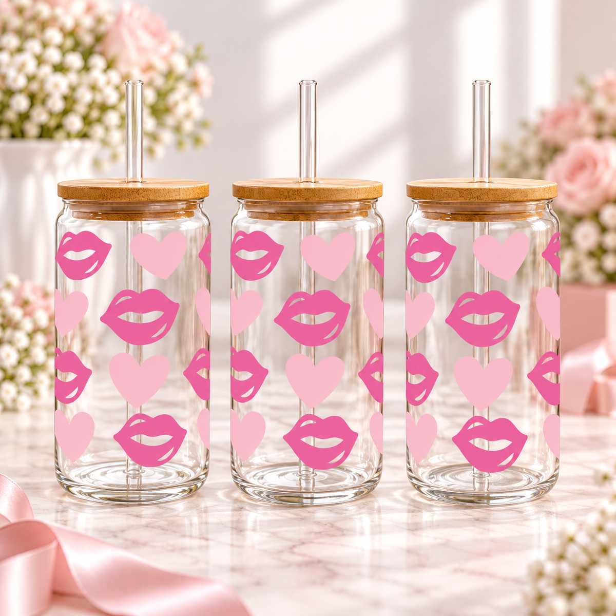 Pink Hearts & Lips Glass Can with Bamboo Lid & Glass Straw — clear; complementary views of one product