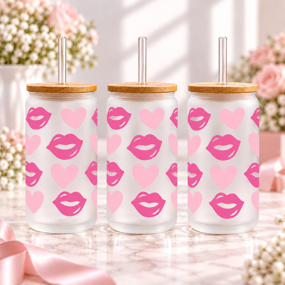 Pink Hearts & Lips Glass Can with Bamboo Lid & Glass Straw — frosted; complementary views of one product