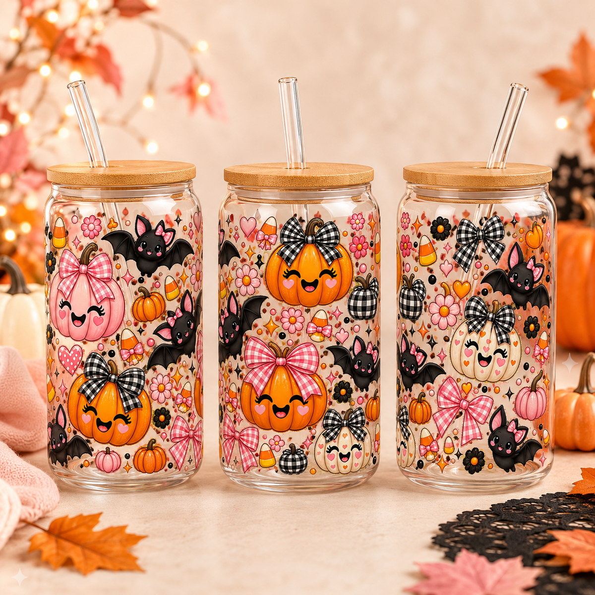 Pink Pumpkin Bows & Bats Halloween Glass Can Tumbler – alternate lifestyle view
