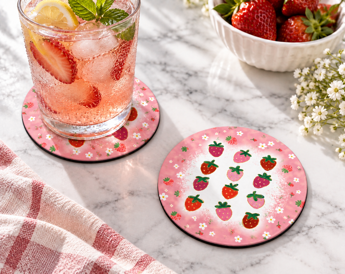 Pink Strawberry Pattern Coaster – Cute Cottagecore Berry Decor — Round set of 2