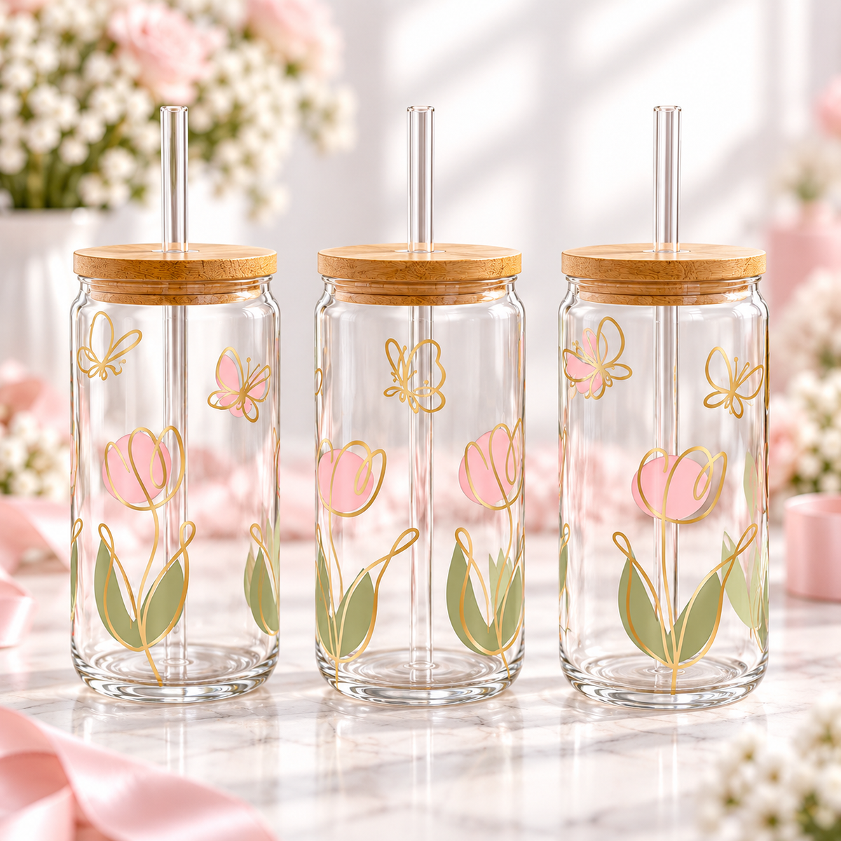 Pink Tulip & Butterfly Glass Can with Bamboo Lid & Glass Straw — clear; complementary views of one product